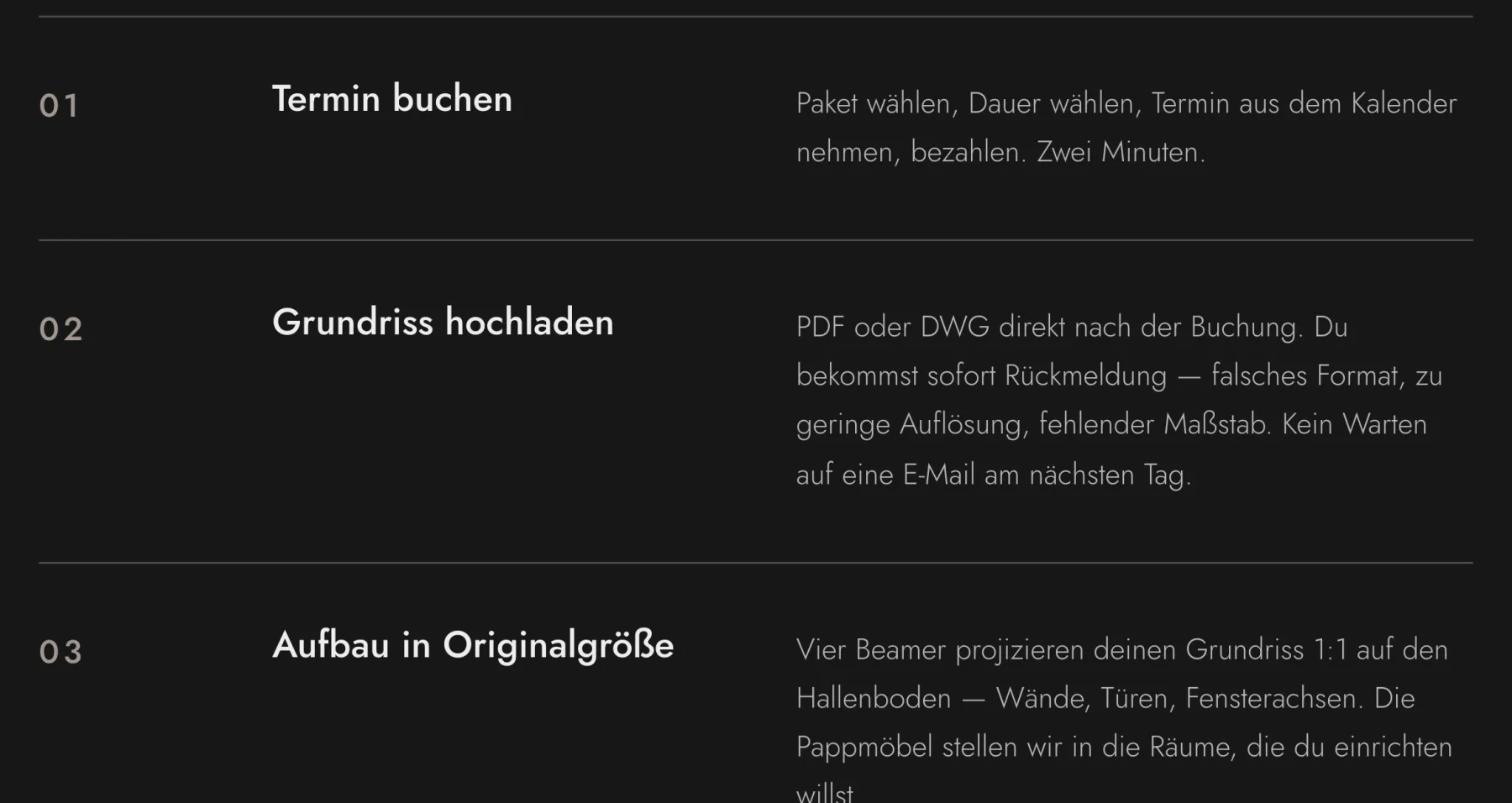 Schritt 02 des Ablaufs: „Grundriss hochladen“ mit der Erklärung zur sofortigen Prüfung