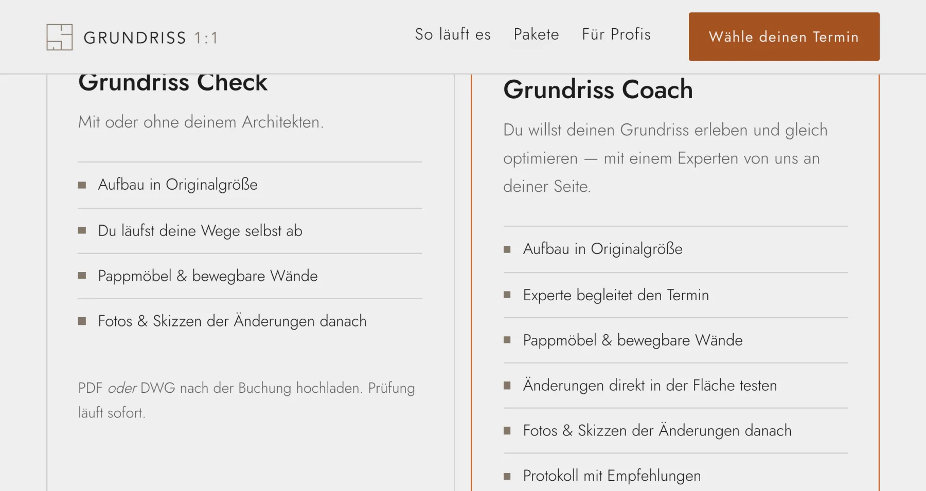 Zwei Paketkarten nebeneinander: „Grundriss Check“ und „Grundriss Coach“ mit ihren Leistungen