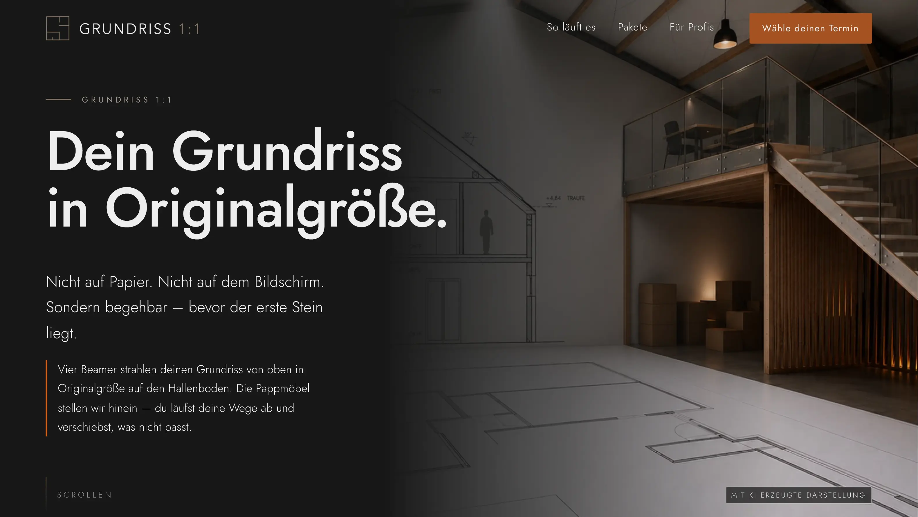 Die Startseite von Grundriss 1:1: eine Halle, ein Grundriss auf dem Boden und die Überschrift „Dein Grundriss in Originalgröße“