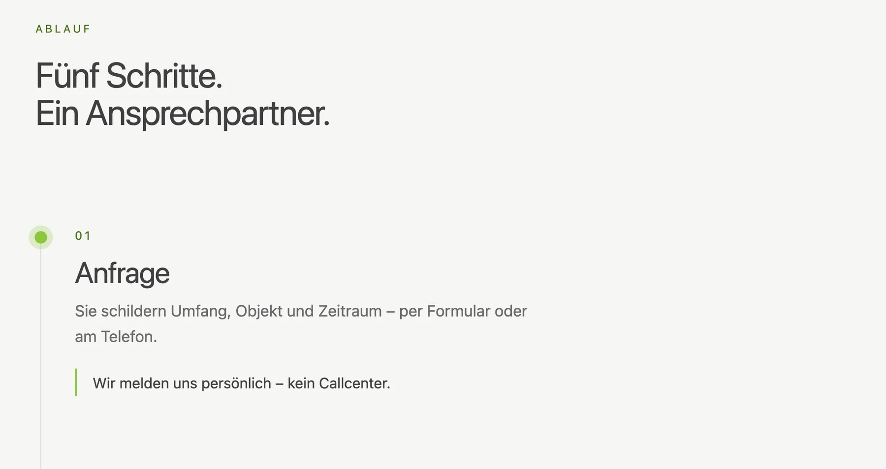 Die Überschrift „Fünf Schritte. Ein Ansprechpartner.“ und der erste Schritt „Anfrage“