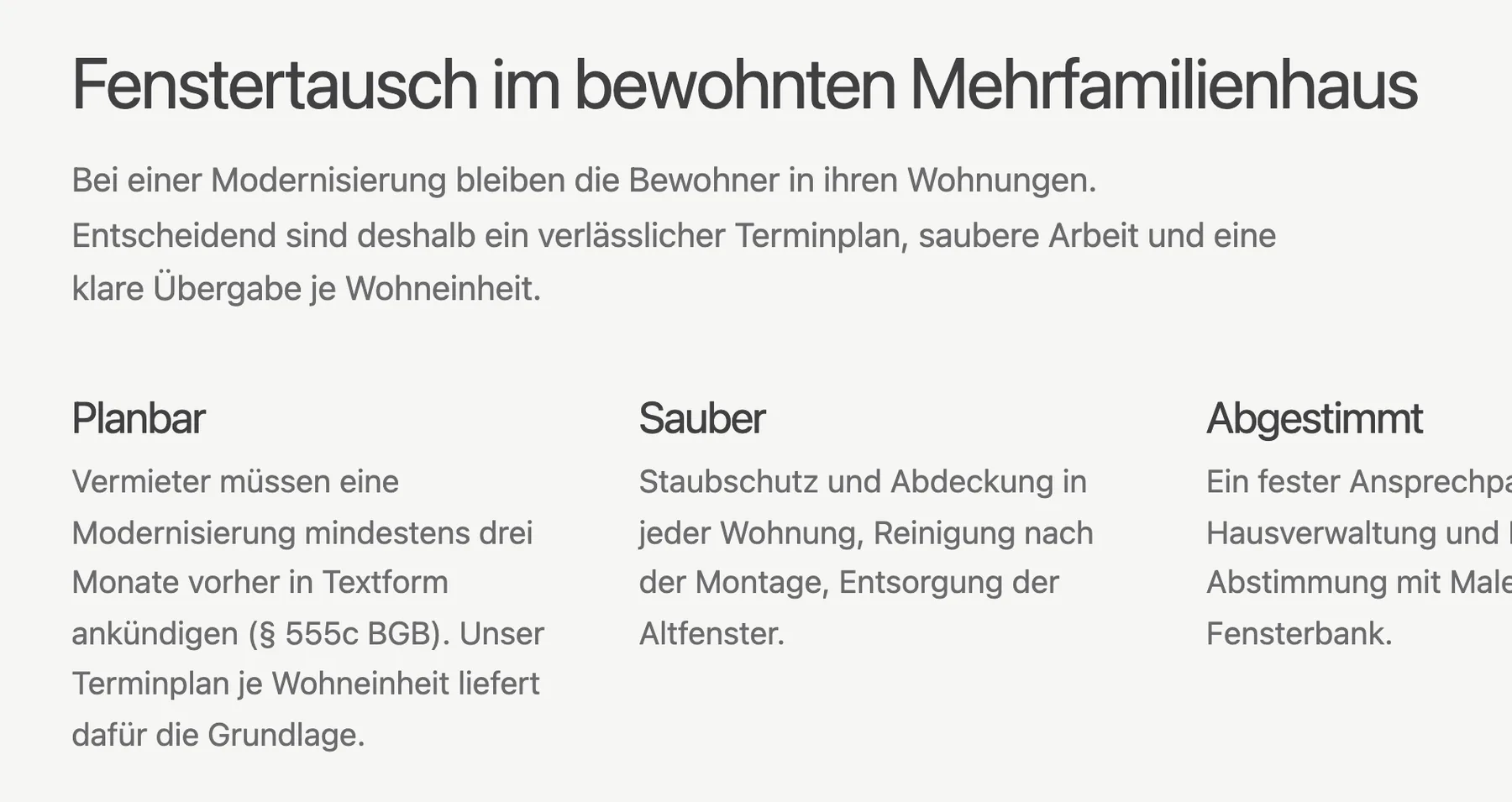 Der Abschnitt „Fenstertausch im bewohnten Mehrfamilienhaus“ mit den Punkten Planbar, Sauber und Abgestimmt