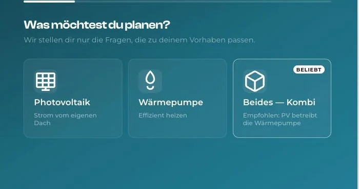 Die Auswahl im Konfigurator: Photovoltaik, Wärmepumpe oder beides