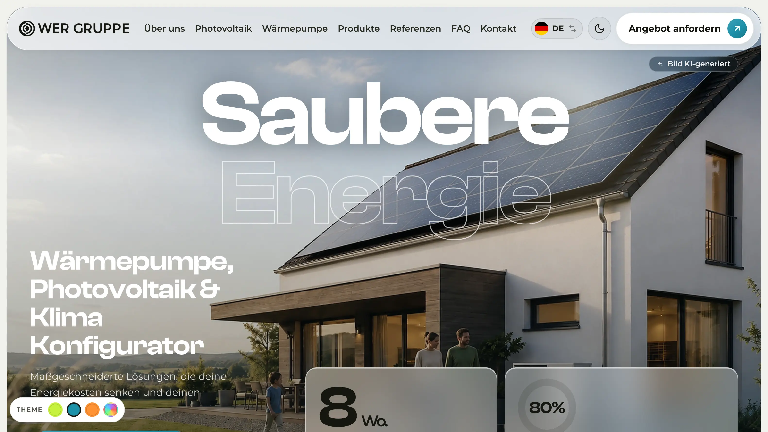 Die WER-Website mit großem Solardach-Motiv und der Überschrift „Saubere Energie"